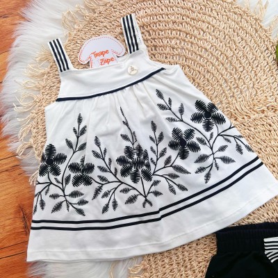 Conj. Batinha Flores e Short com Lacinho - Preto e Off White